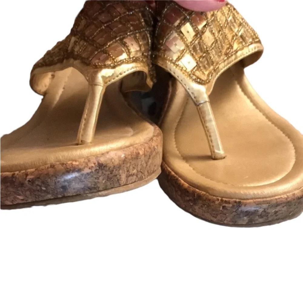 Gold sequin size 10 wedge’s with seed beads and square sequins,Cork heel